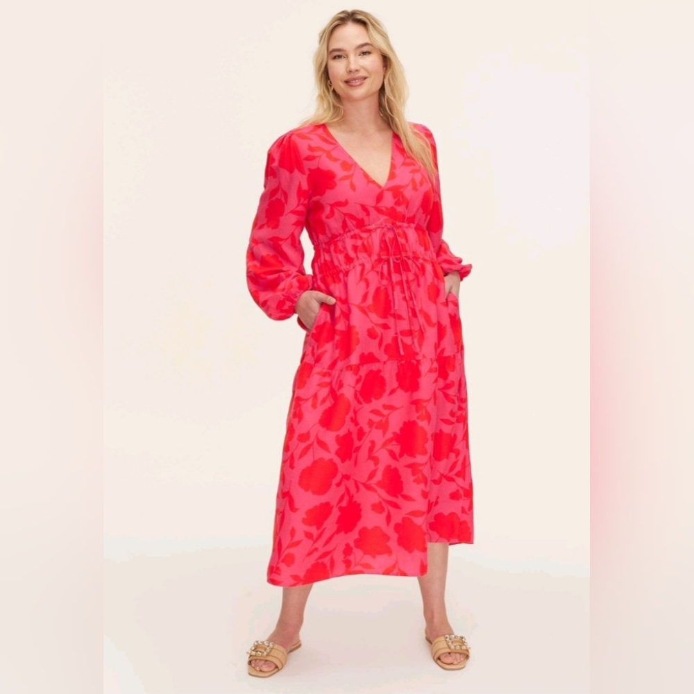 Kate Spade x Target Rose Linen Long Sleeve Maxi Dress Red Pink Nwt M